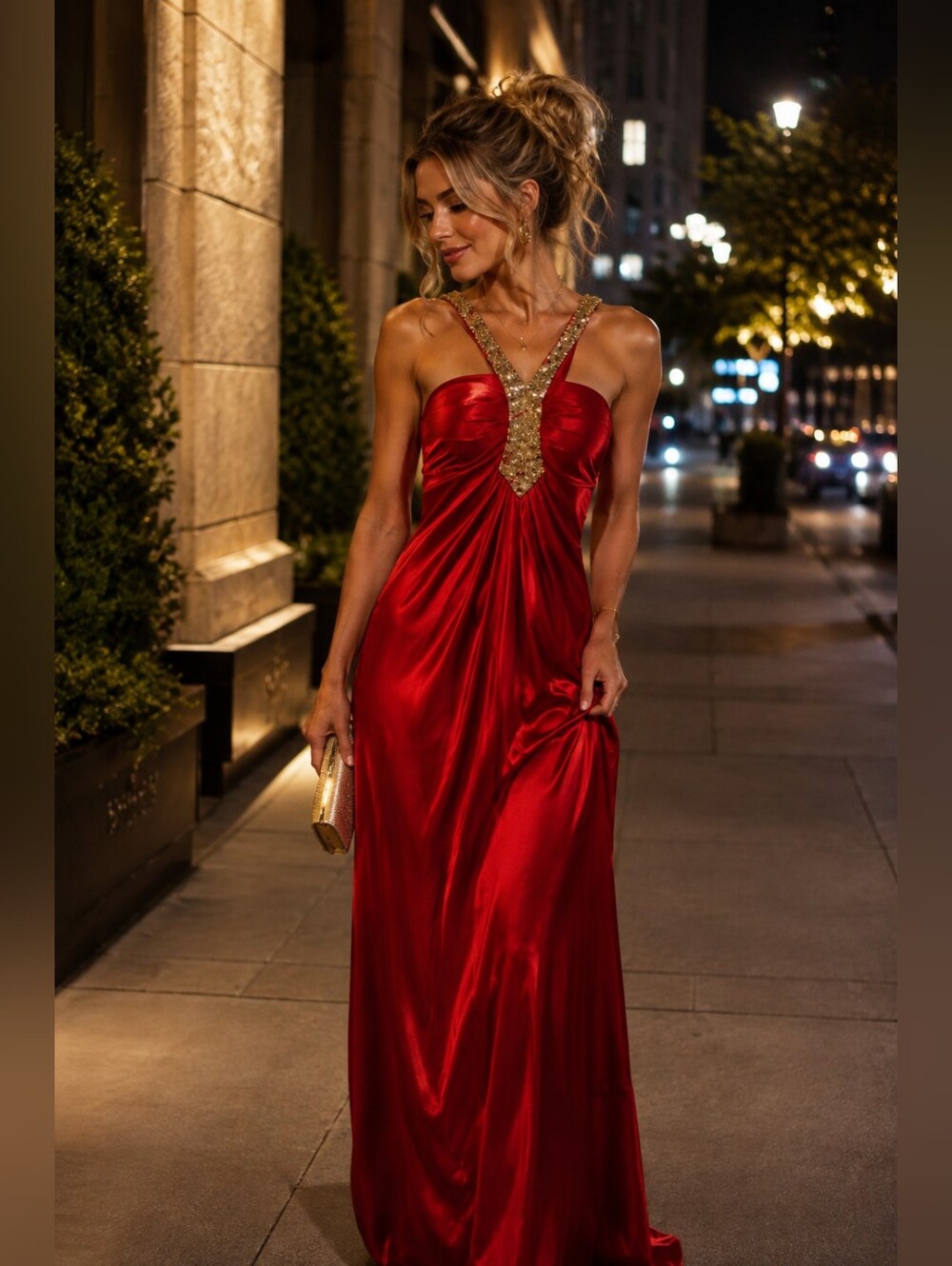 Red Satin Evening Gown Gold Beaded Halter Draped Formal Prom Maxi Dress